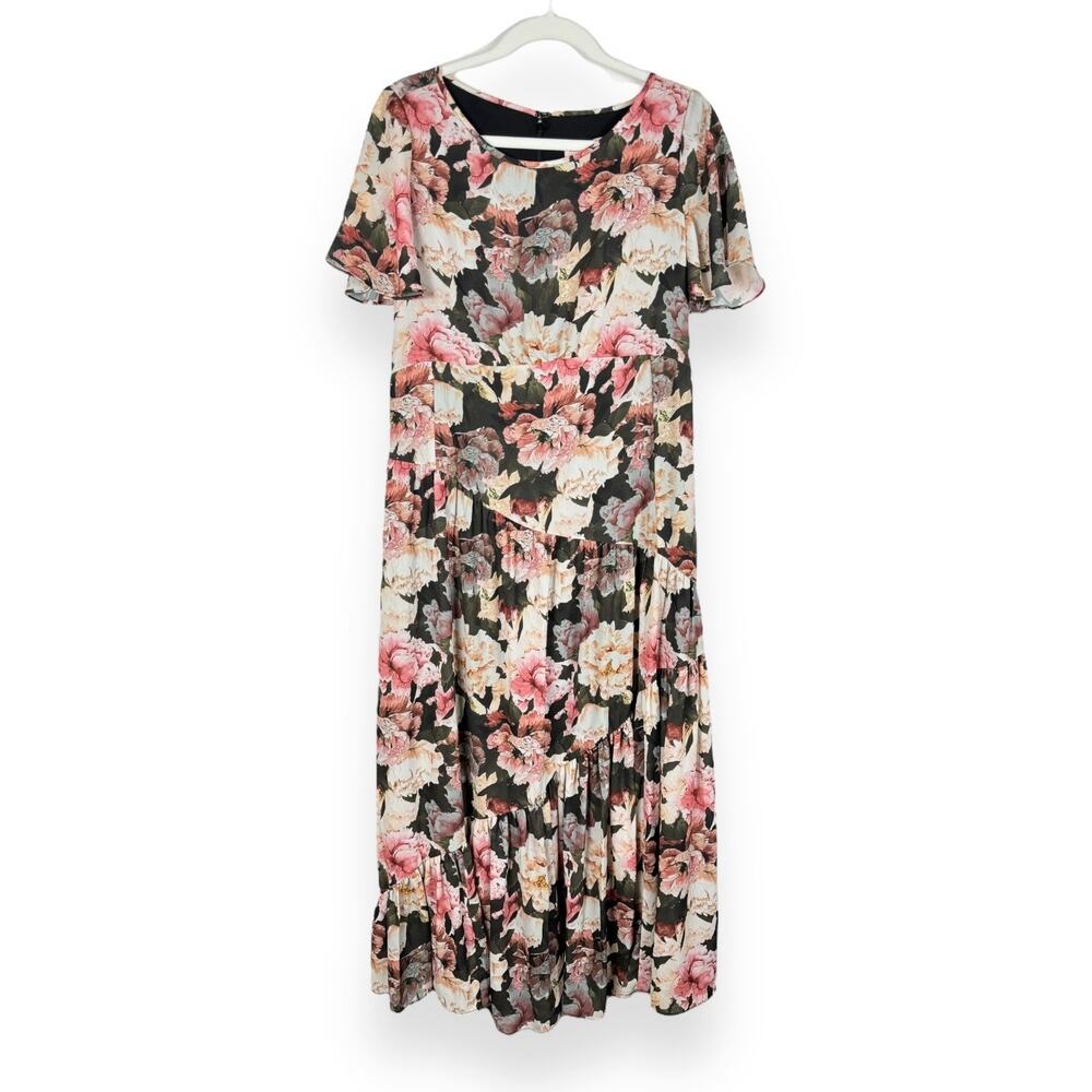 Chicos Black Label Floral Tiered Midi Dress Size 8 NWT Flounce Pink Green Cream
